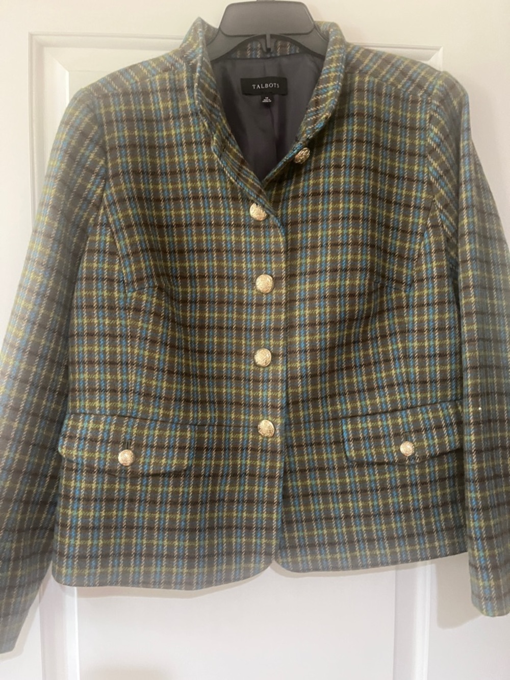 Talbots Green Plaid Wool-Blend Button Front Jacket